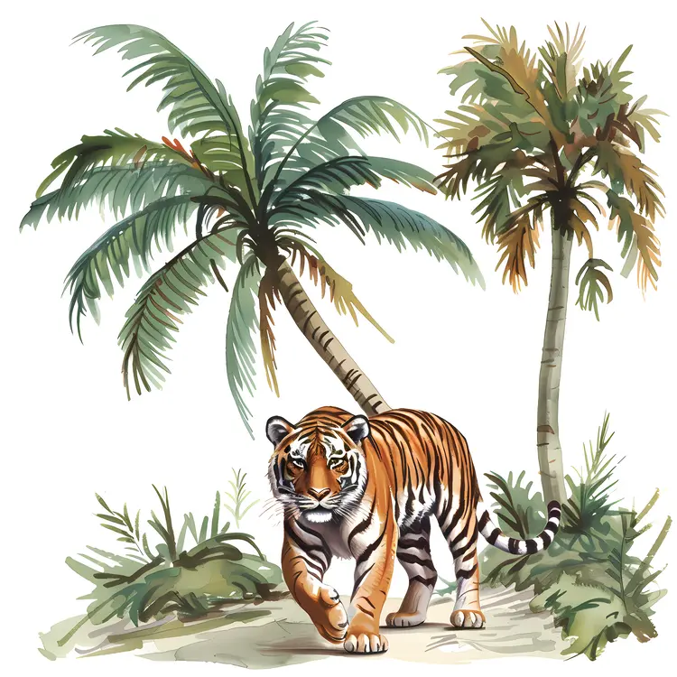 Tiger and Palm Tree in Tropical Jungle