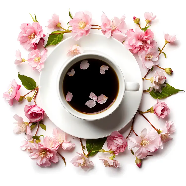 Coffee Cup with Pink Flowers and Petals