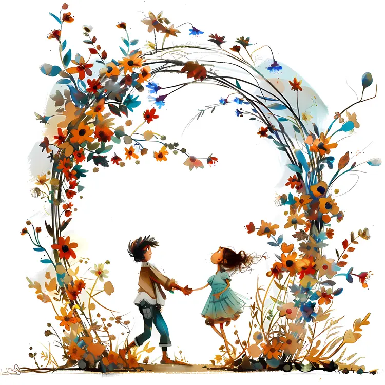Children Playing in Floral Arch Illustration