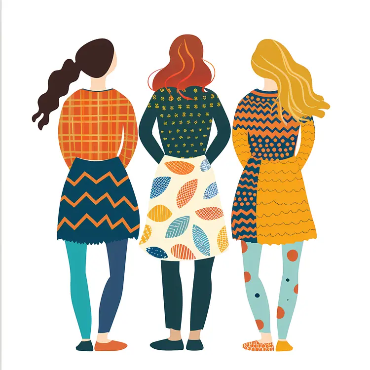 Three Women in Colorful Outfits