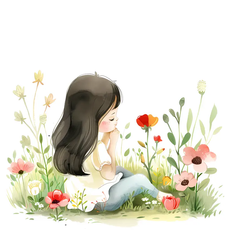 Girl Sitting in Flower Field
