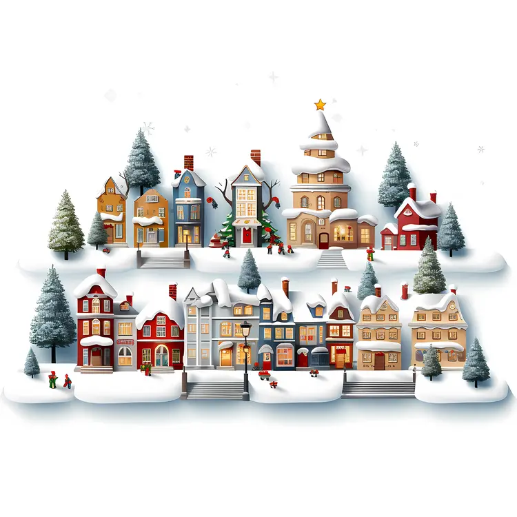 Colorful Snowy Village with Christmas Decorations