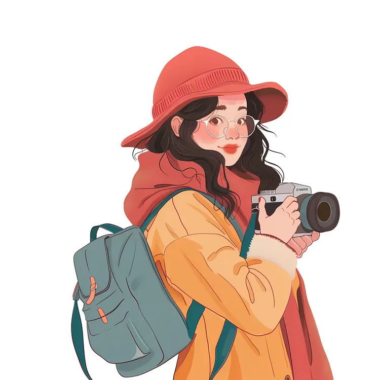 Girl with Camera and Hat Illustration
