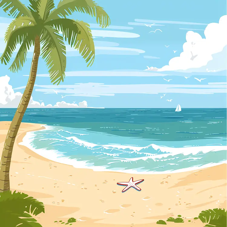 Beach with Palm Tree and Starfish
