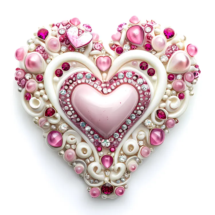 Ornate Brooch with Pink Heart-shaped Gems and Pearls