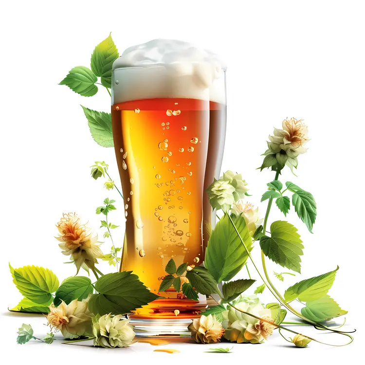 Beer Glass with Hops and Foam