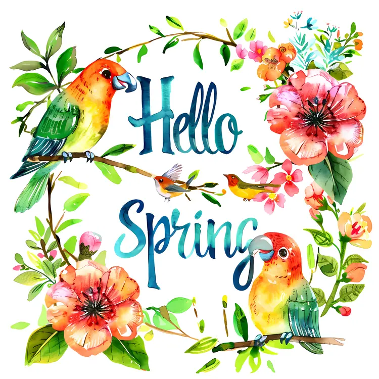 Hello Spring with Watercolor Birds and Flowers