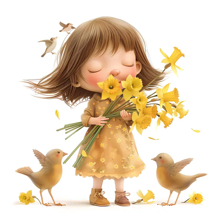 Girl Holding Daffodils with Birds