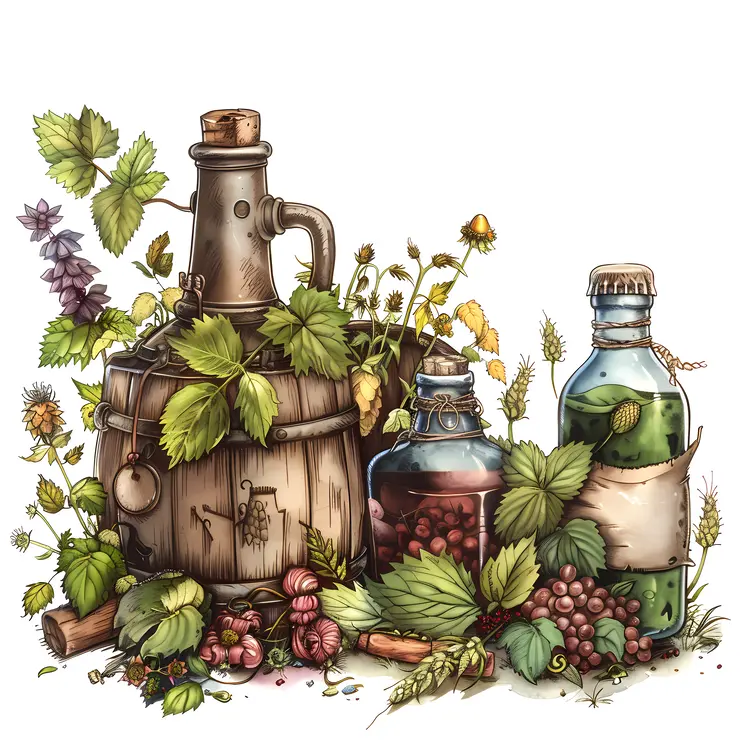 Bottles and Plants with Grapes