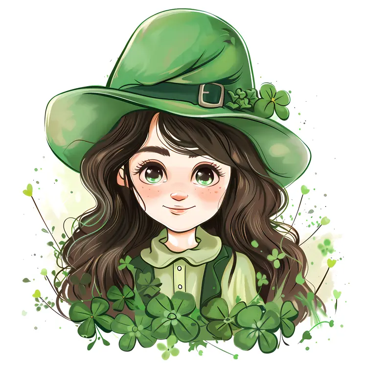 Leprechaun Girl Surrounded by Clovers