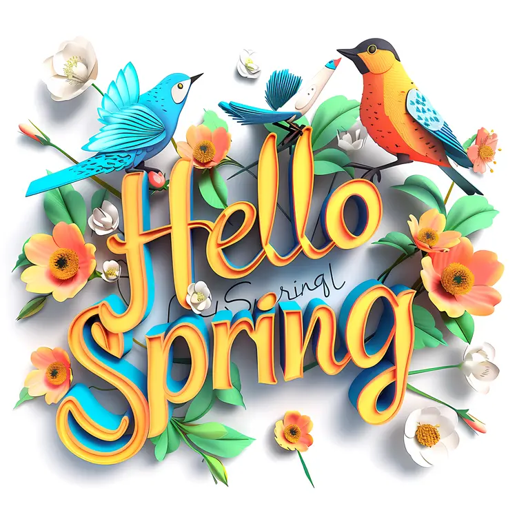 Hello Spring with Vibrant Flowers and Birds