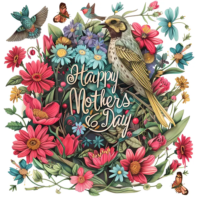 Happy Mother's Day Illustration with Bird and Flowers