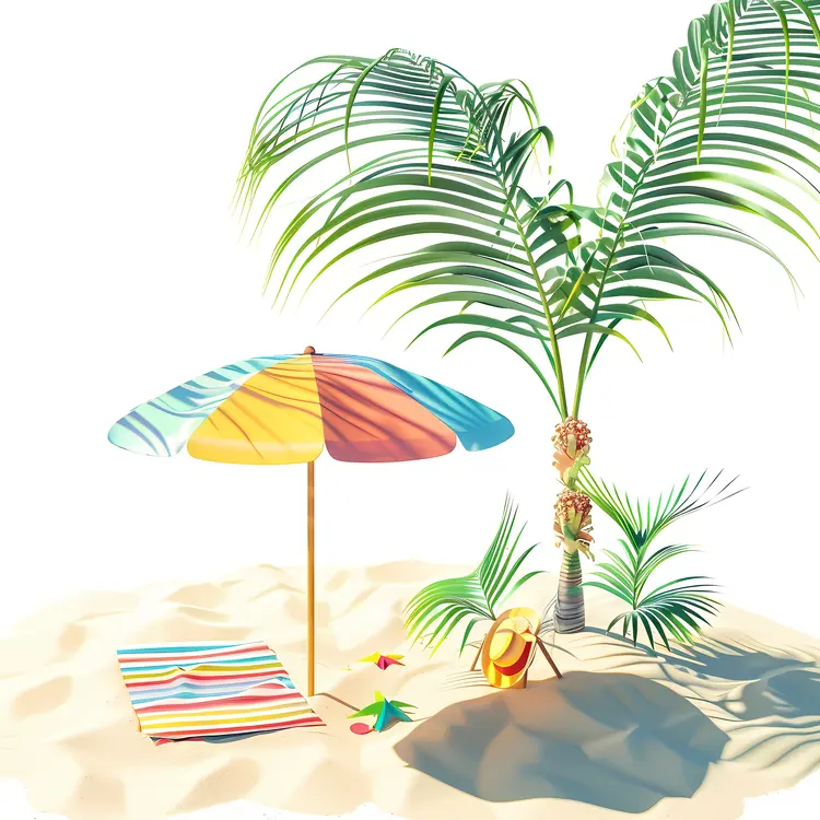 Colorful Beach Setup with Umbrella and Palm Tree