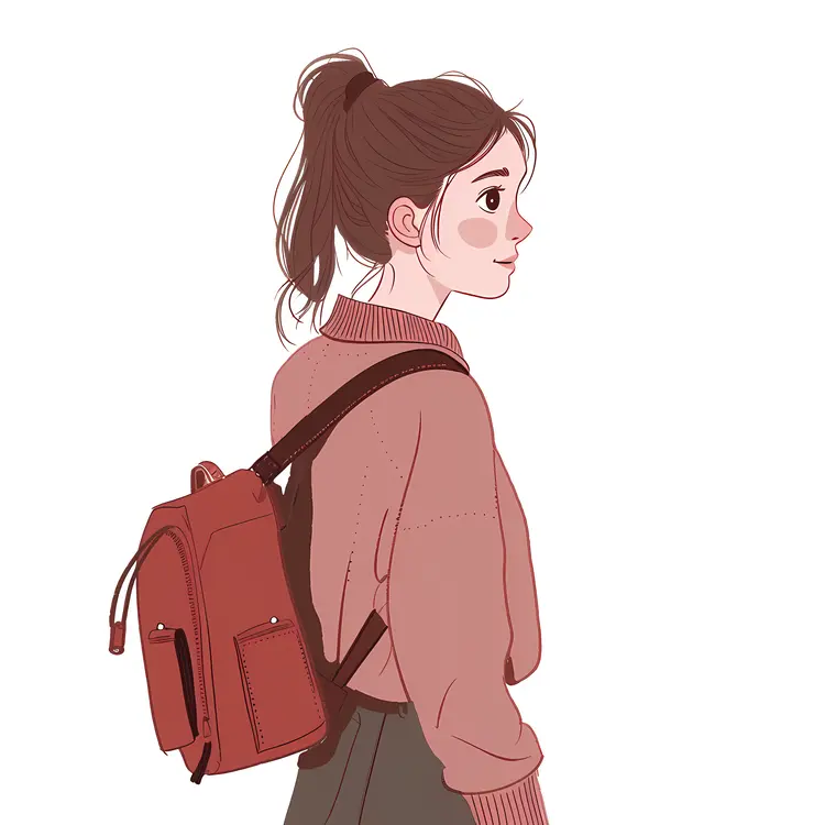Girl with Red Backpack and Pink Sweater