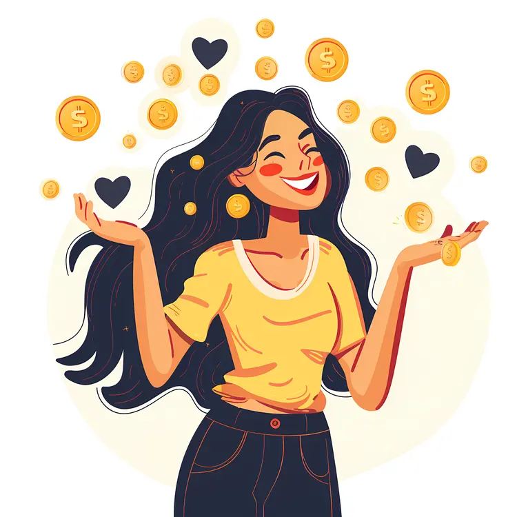 Happy Woman with Coins Illustration