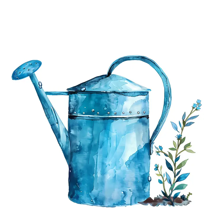 Blue Watering Can with Plant