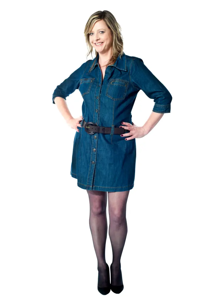 Woman in Denim Dress with Belt