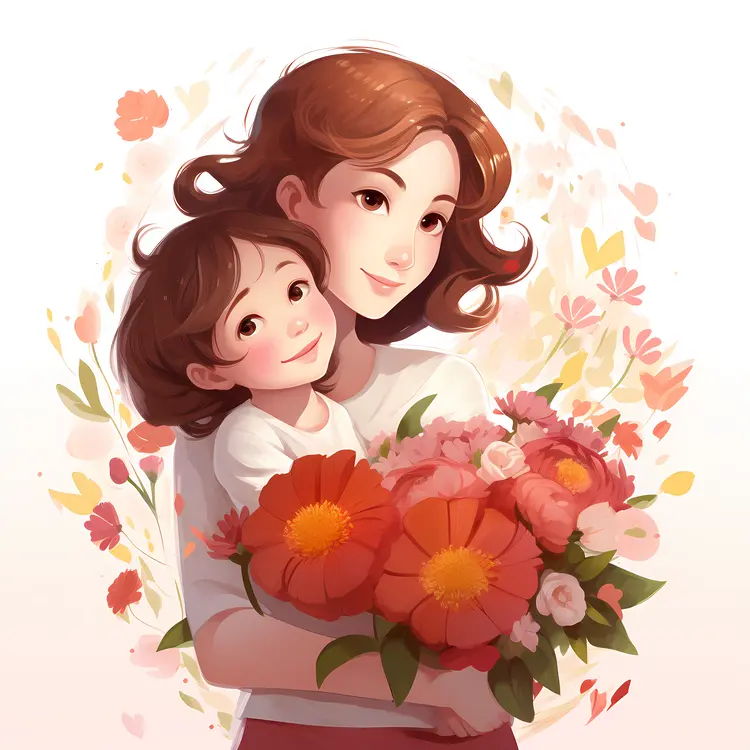 Mother and Child with Flowers Illustration