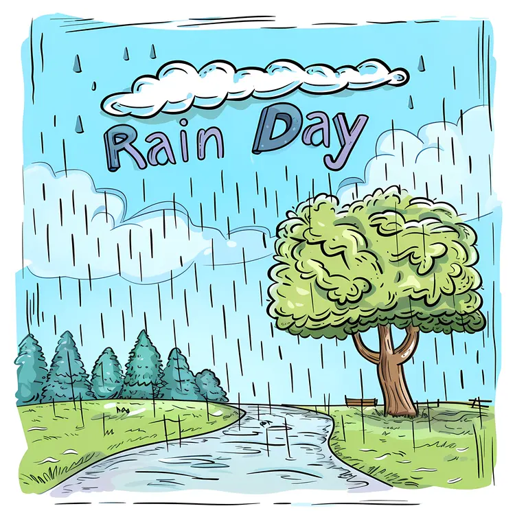 Rainy Day Illustration with Tree and Stream