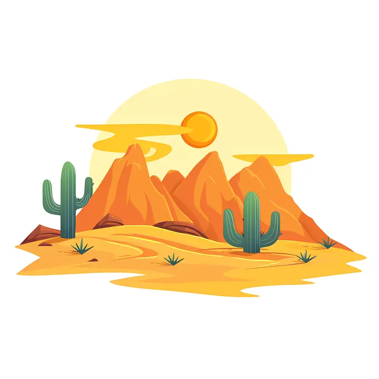 Desert Landscape with Cactus and Sun