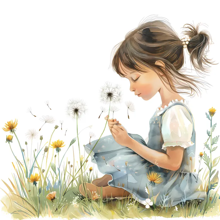 Girl Sitting with Dandelions
