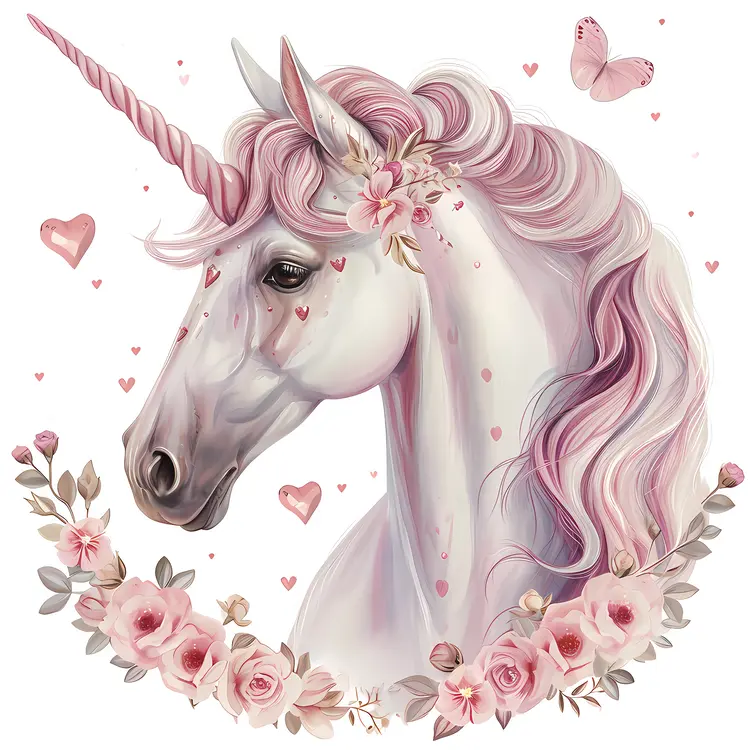 Unicorn with Flowers and Hearts