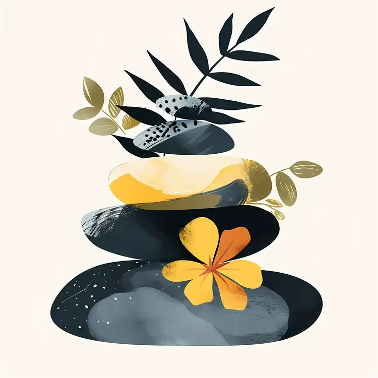 Zen Stacked Stones with Leaves and Yellow Flower