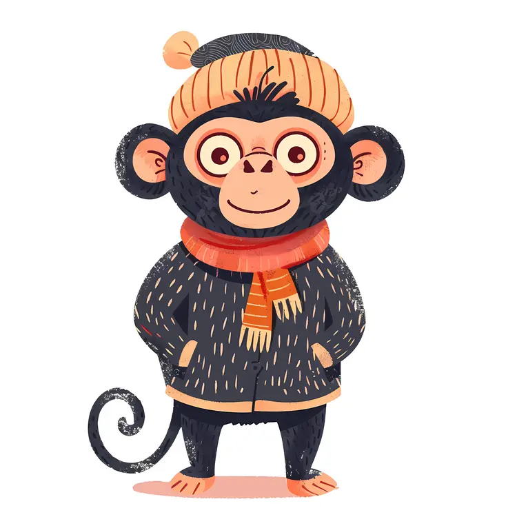 Monkey in Winter Clothes with Scarf and Hat