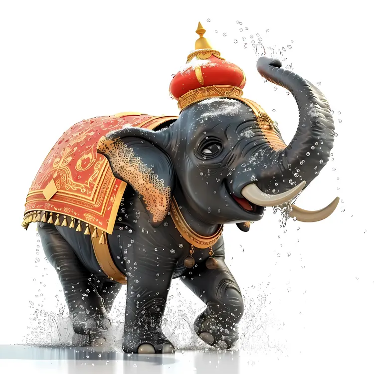 Decorated Elephant Splashing in Water