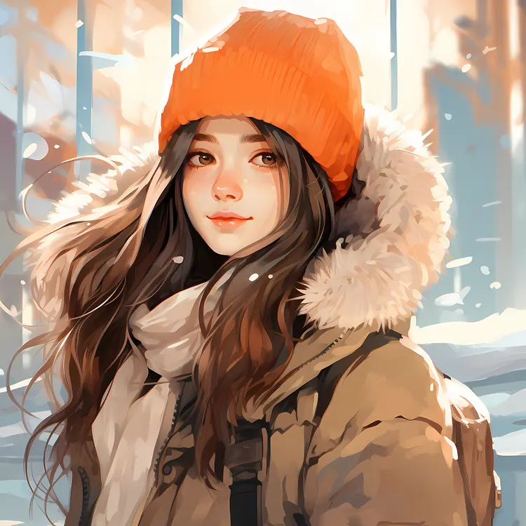 Orange Beanie in Winter with Warm Scarf