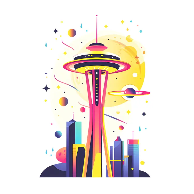 Colorful Space Needle with Futuristic Elements