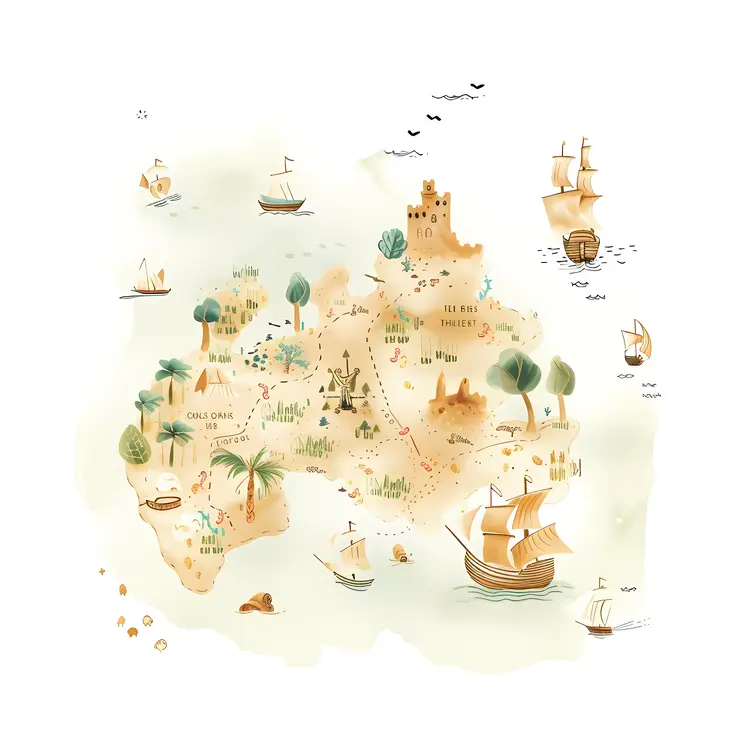 Cute Treasure Map with Island and Ships