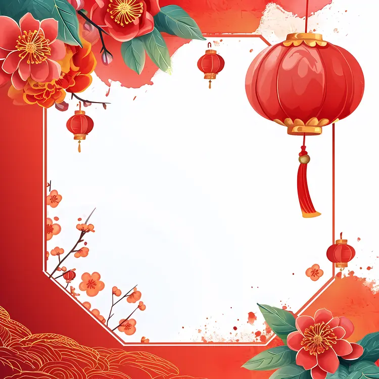 Elegant Red Lanterns and Flowers Frame for Chinese New Year