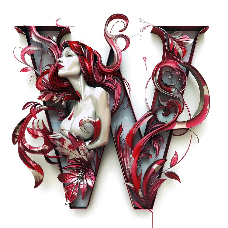 Artistic Letter W with Woman and Floral Design