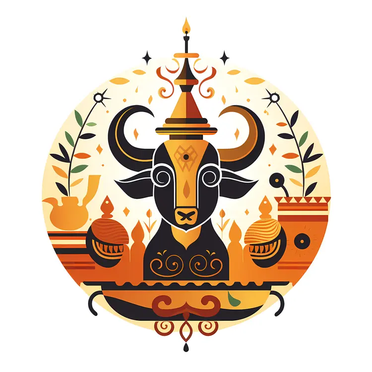 Decorative Cow with Clay Pots and Ornaments