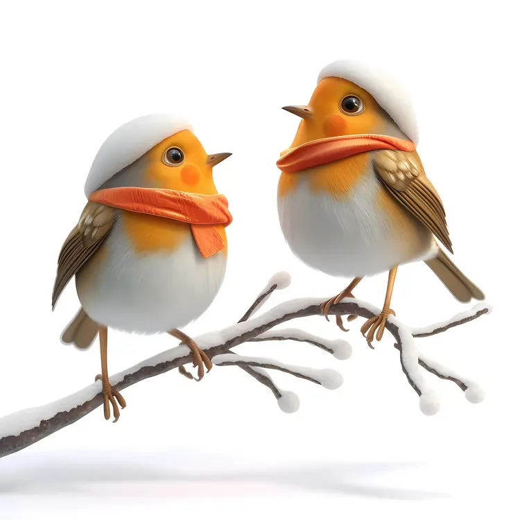 Two Birds with Scarves on a Snowy Branch