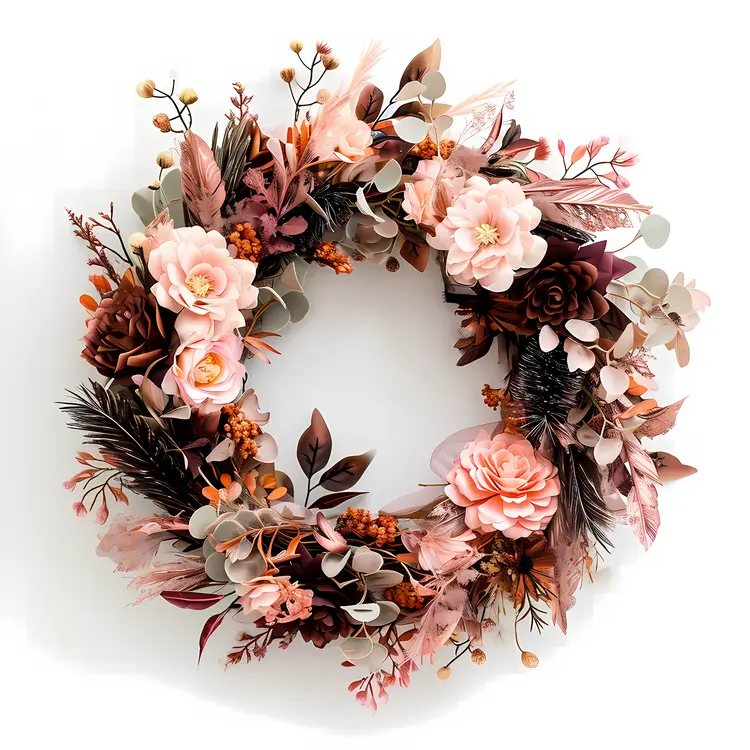Pink and Brown Floral Wreath with Leaves