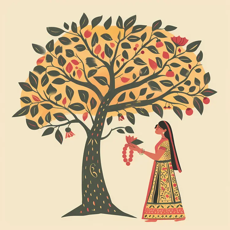 Traditional Woman with Tree Illustration