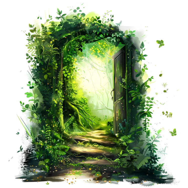 Sunlit Green Doorway with Vines and Pathway