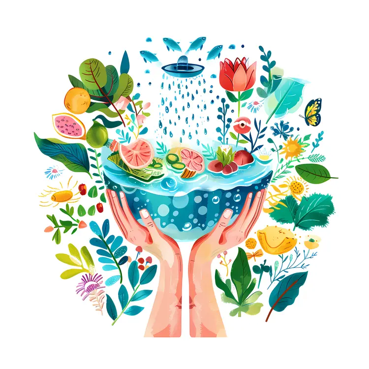Hands Holding Bowl with Fresh Fruits and Plants