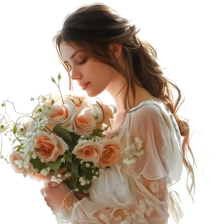 Girl Holding a Bouquet of Roses