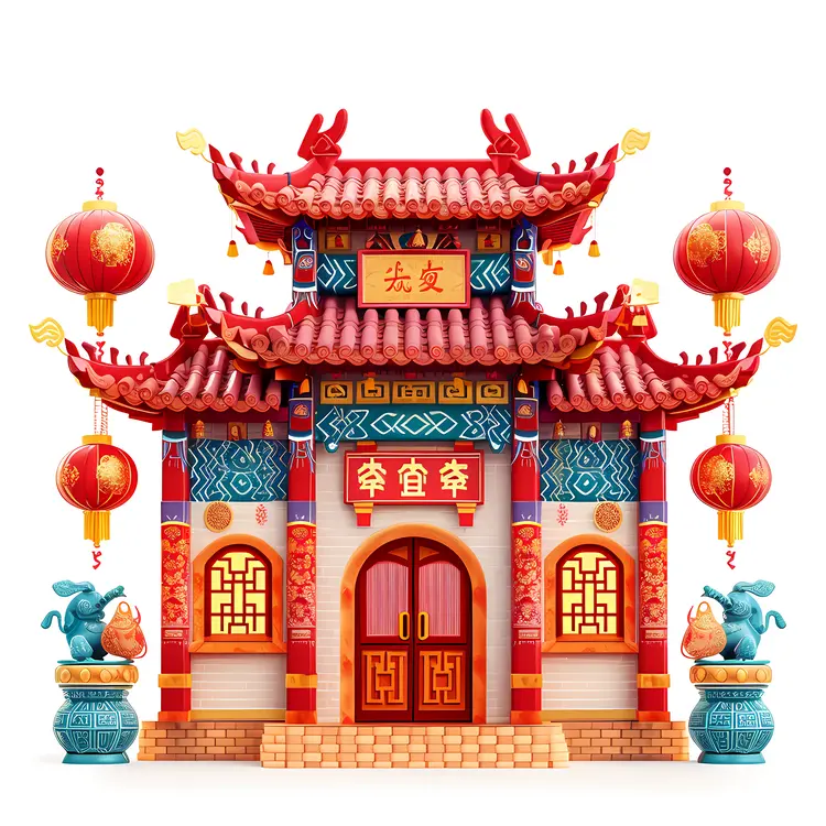 Red and Blue Chinese House with Statues and Lanterns