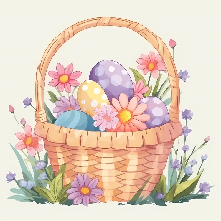 Easter Basket with Polka Dot Eggs and Flowers