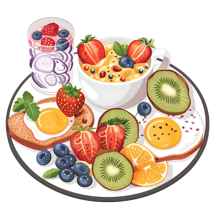 Colorful Breakfast Plate with Fruits and Eggs