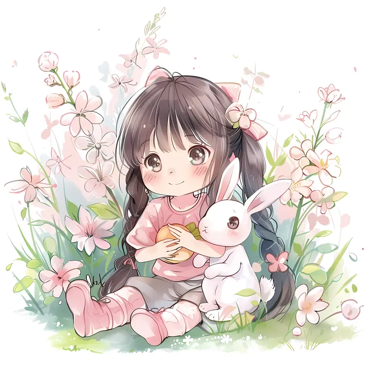 Girl with Rabbit in Flower Field