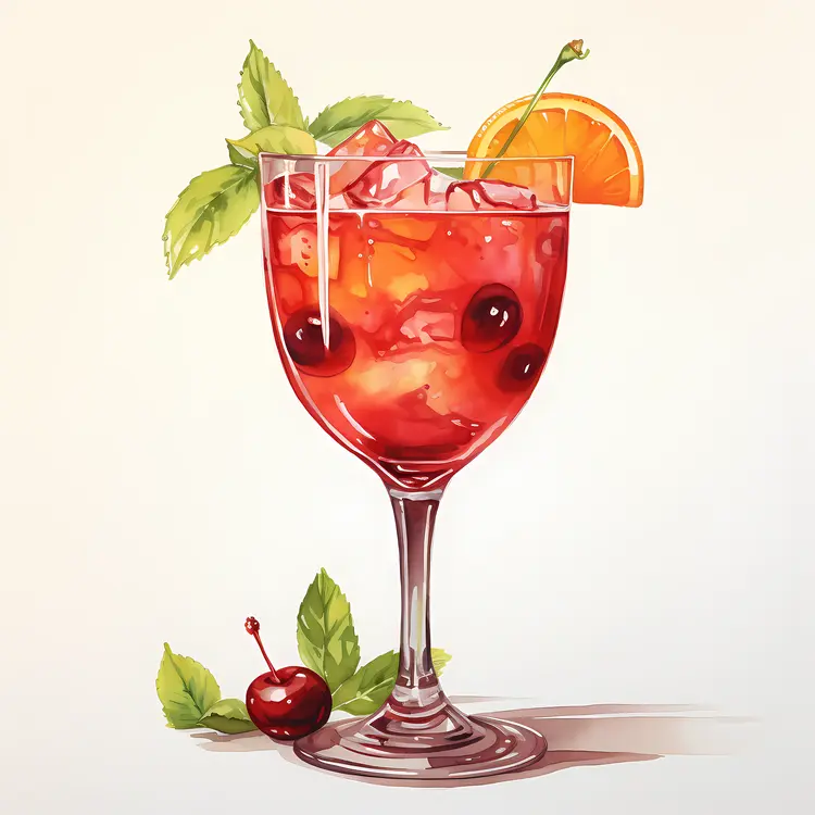 Red Cocktail with Orange and Cherries Illustration