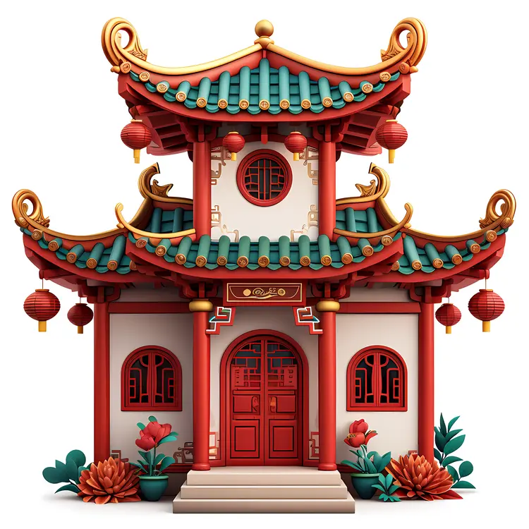 Traditional Red and Green Chinese House with Lanterns