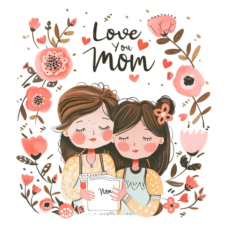 Love You Mom with Mother and Daughter Illustration