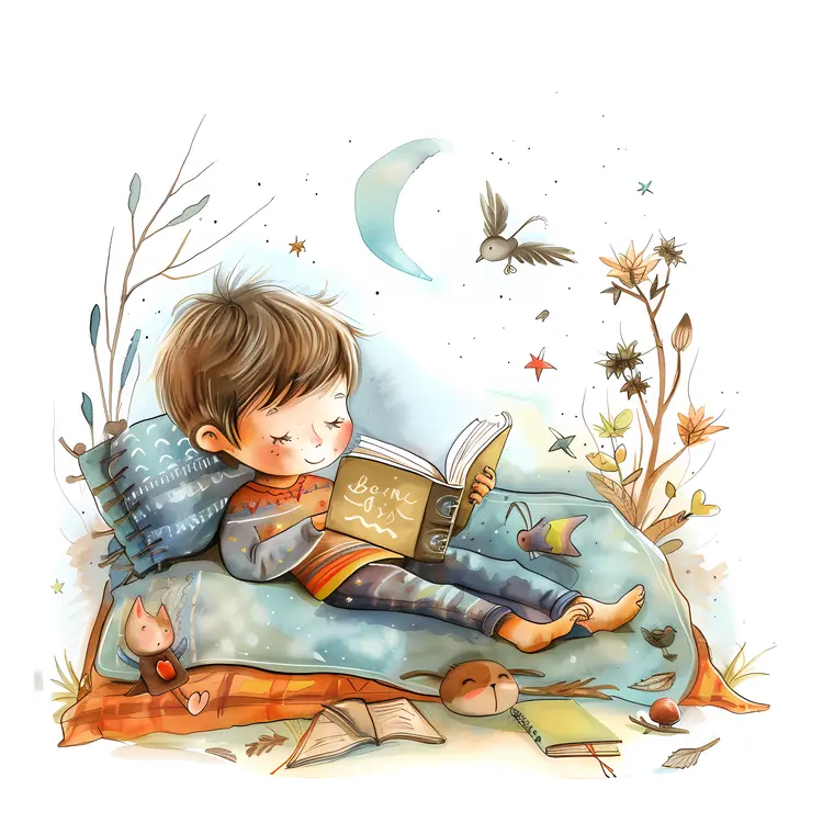 Boy Reading a Book in Nature