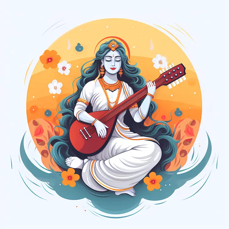 Divine Goddess Playing Veena with Floral and Orange Background